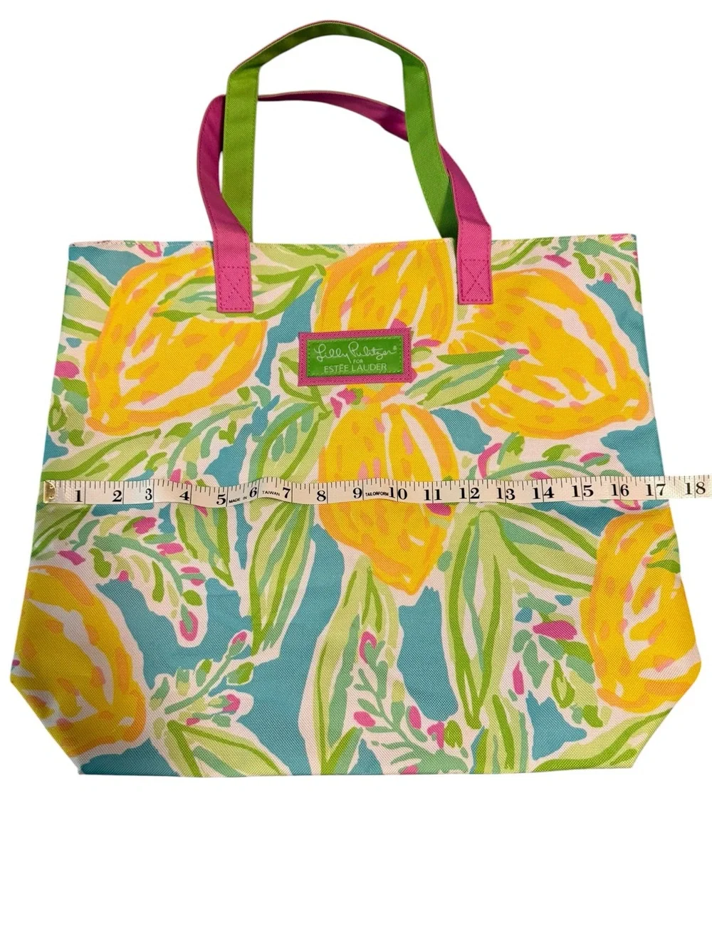 Lilly Pulitzer Yellow Lemon Print Tote with Pink & Green Handles Pool Beach NWOT